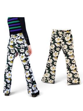 Run & Fly – Black Daisy High Waisted Bell Bottom Flares